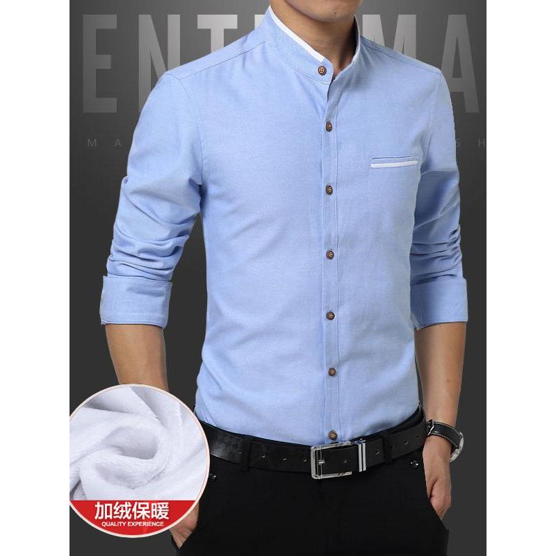 Camisa de gola alta de manga comprida forro de lã masculino engrossado fino ajuste Casual camisa quente masculina topo i