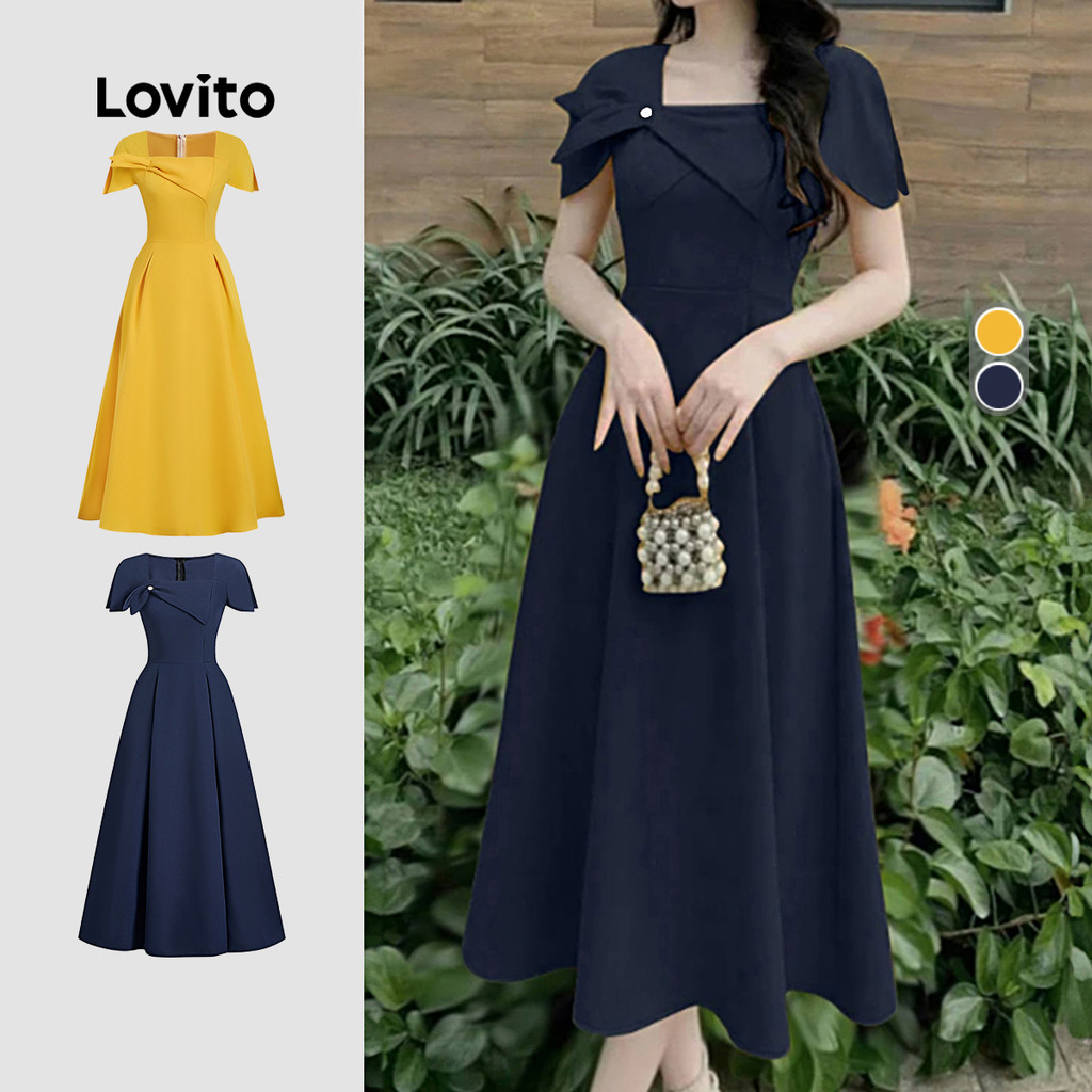 (Lovito x Ana) Elegante Vestido Assimétrico de Primavera/verão Azul para Mulhere