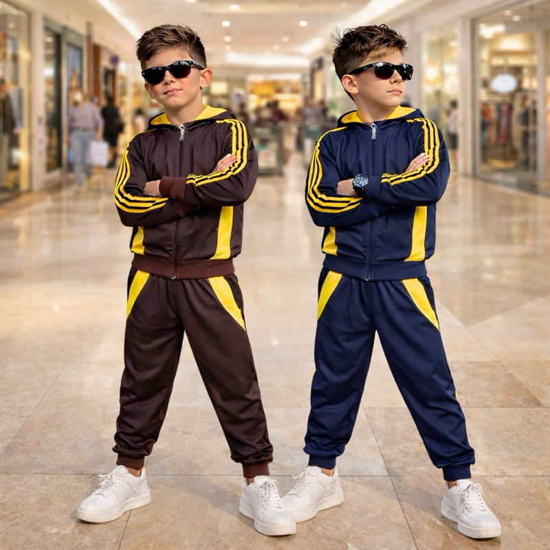 Conjunto Infantil Menino  Estiloso De Inverno Casaco Capuz E Zíper+Calça Chimpa Flanelada