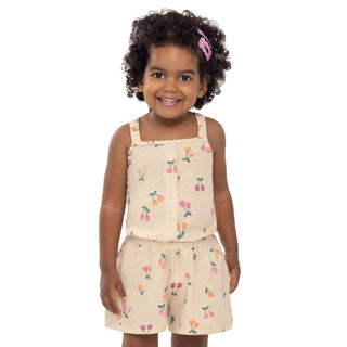 Conjunto Curto Infantil Menina Cerejinhas Elian Bege em Oferta na Shopee