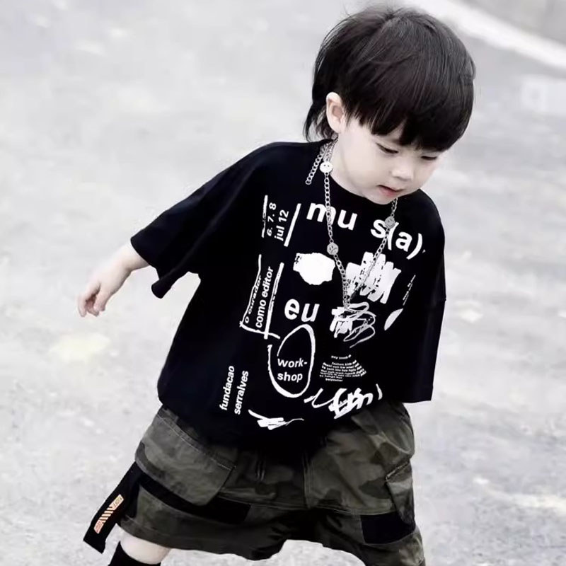 Crianças moda em torno do pescoço de manga curta camiseta verão novo estilo 0-6 anos de idade meninos na moda legal rufi