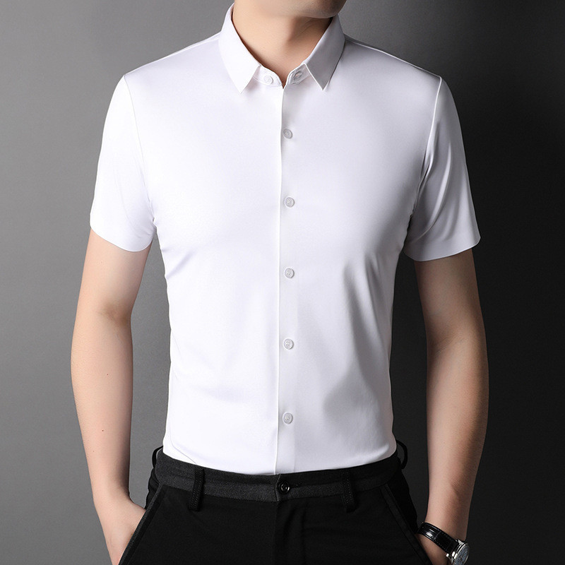 Camisa de manga curta branca elástica de seda gelo masculina verão negócios Casual cor sólida trabalho camisa masculina 