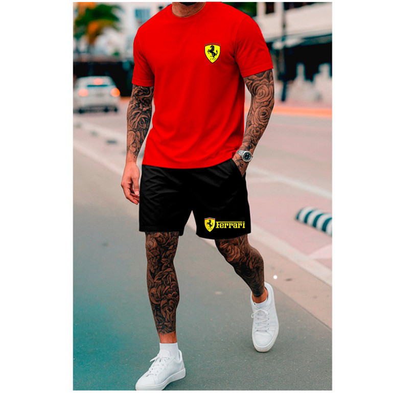 Kit Camiseta + Short Tectel Ferrari Camisa 100% Algodão Bermuda Tactel