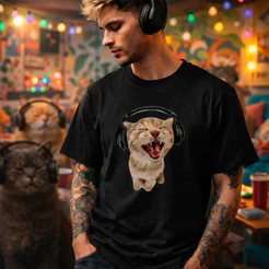 Camiseta Algodão Básica Camisa Gatinho De Fone Meme Engraçado