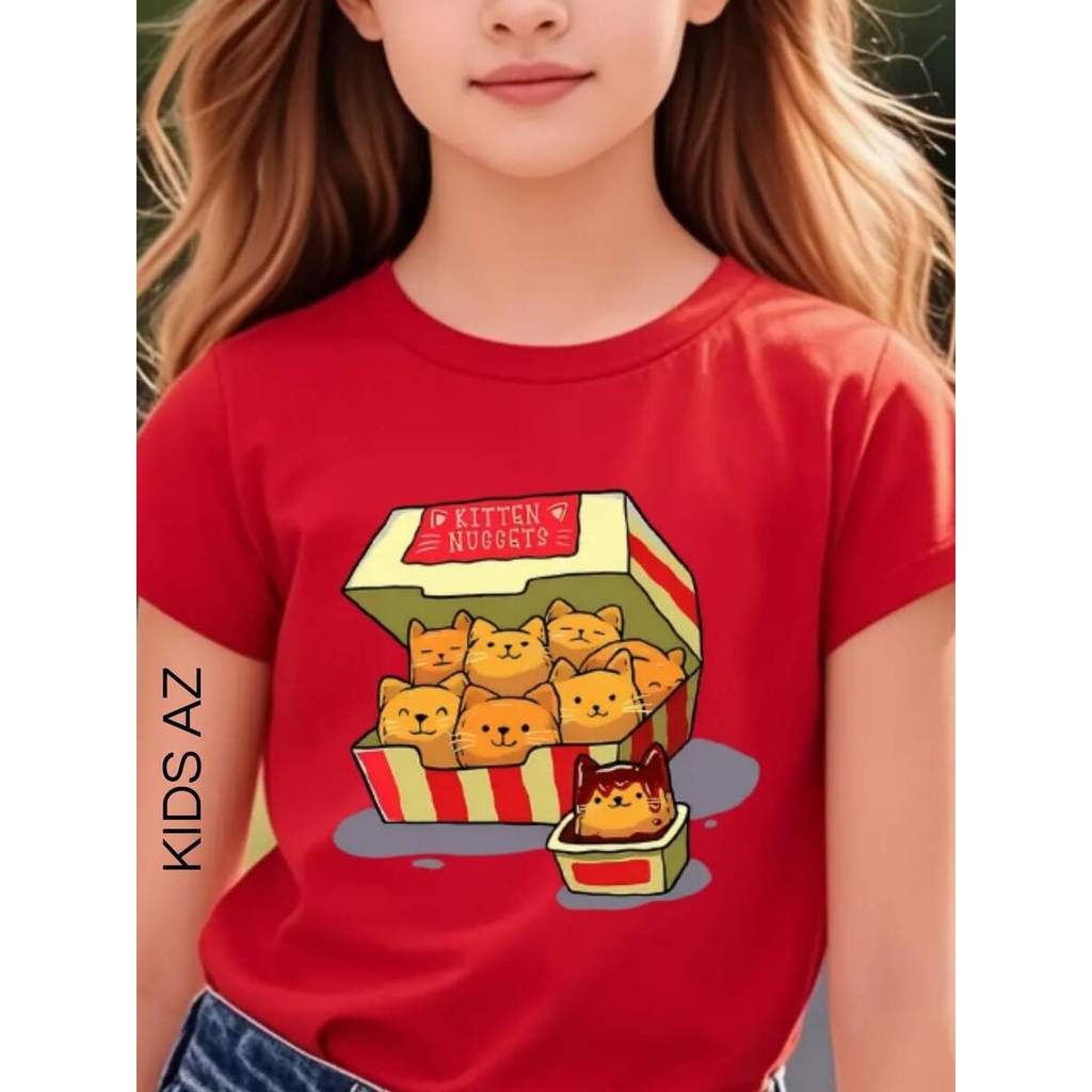 Camiseta Infantil Feminina 100%Algodão Estampada Divertida Gatinhos Fritos Moda Para Meninas