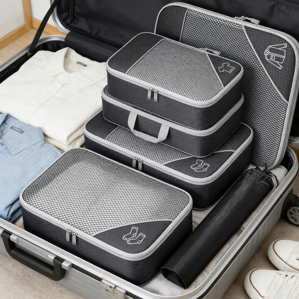 Kit Organizador de Viagem com Cubos de Compressão - 6 Peças, Nylon Resistente e Mesh em Oferta na Shopee