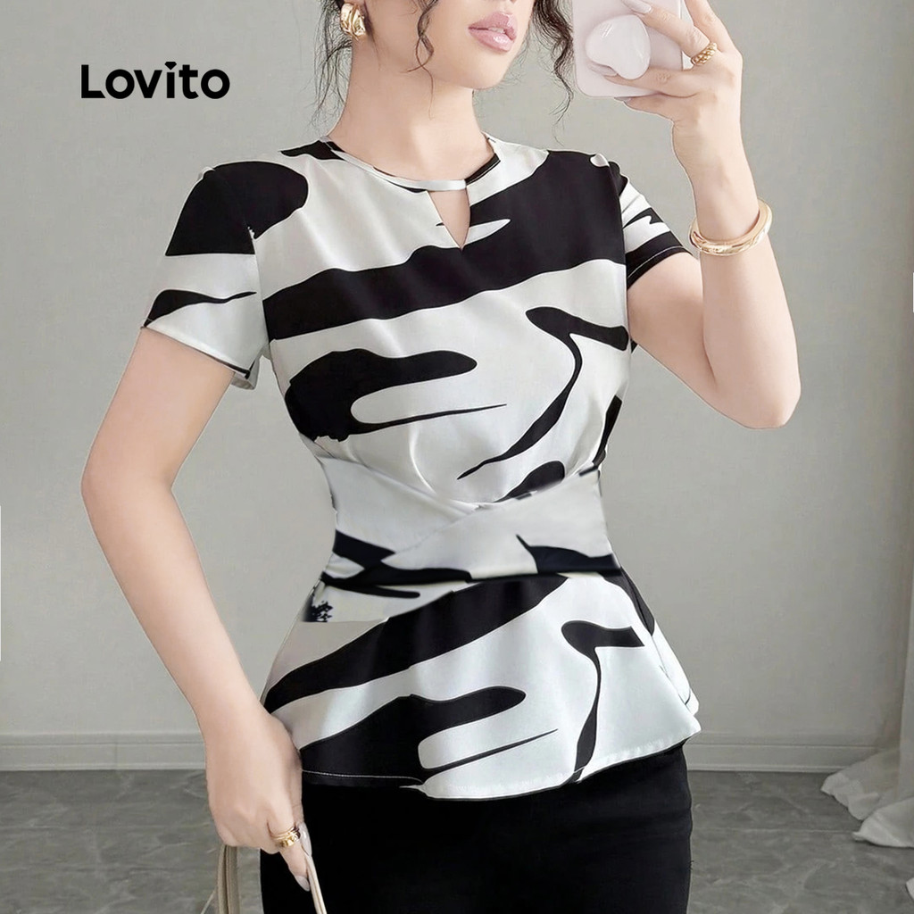 Lovito Blusa Casual Estampa Floral Detalhe De Nó Botões Ideal Festivais Na Primavera/verão Em Preto E Branco L146LD103 em Oferta na Shopee