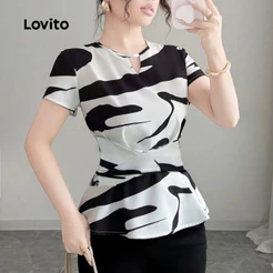 Lovito Elegante Blusa Estampa Floral Detalhe De Nó Botões Ideal Festivais Na Primavera/verão Em Preto E Branco L146LD103