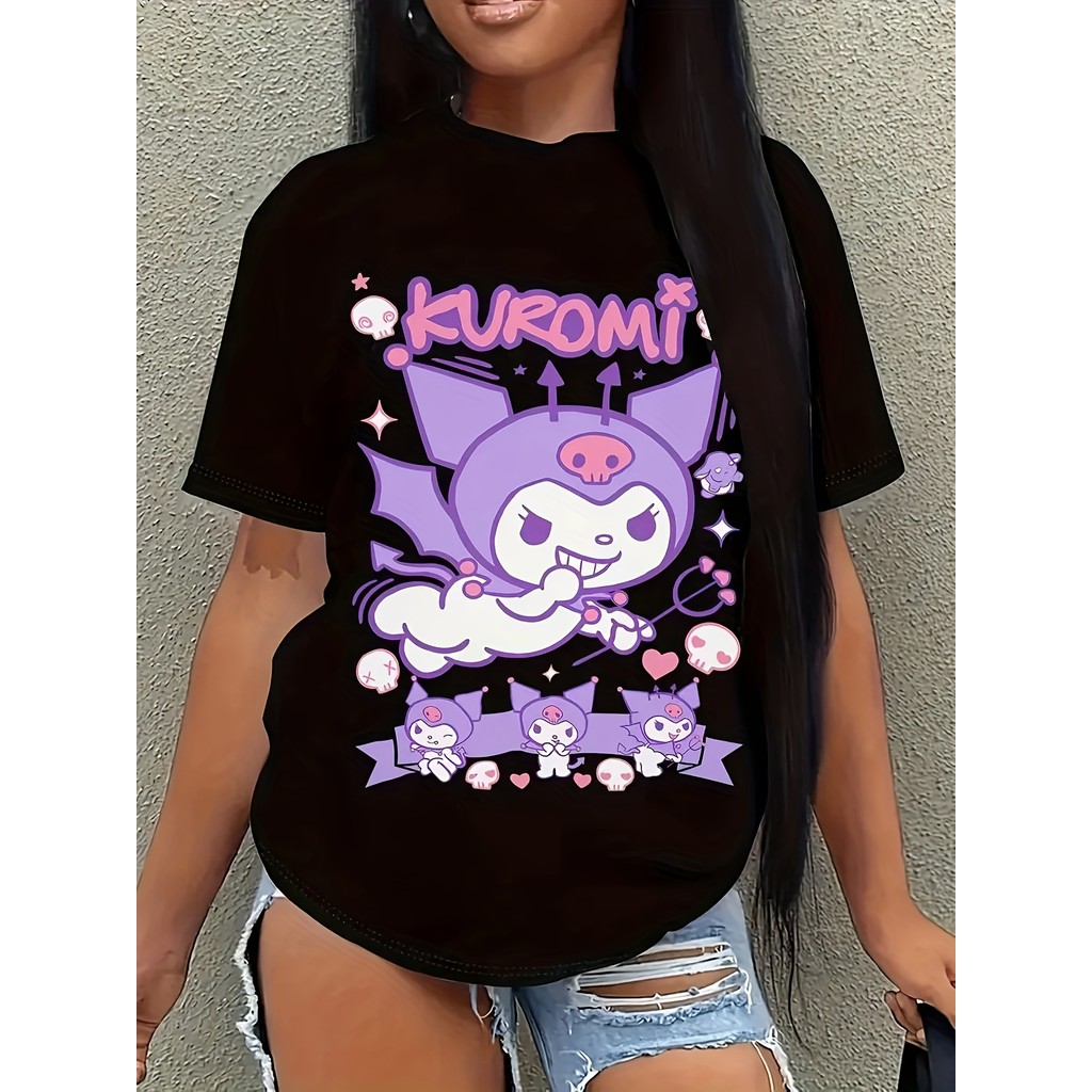 BR.Moonlight Camiseta Feminina Hello Kitty Kuromi Anime Ícones Confortável Fofa Divertida Verão