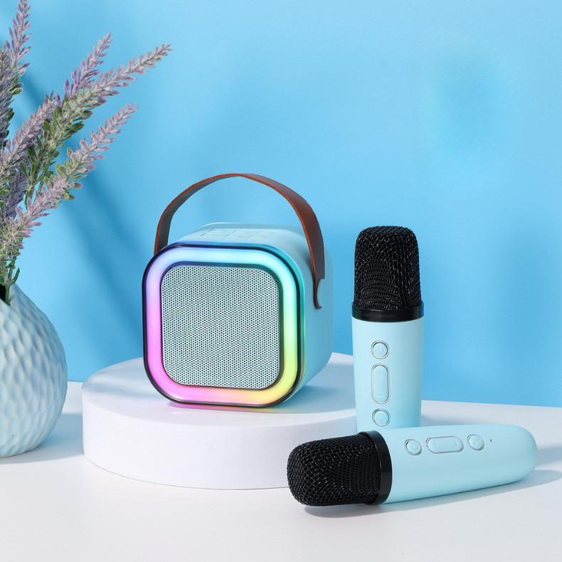 Caixa de Som K12 Bluetooth Portátil com 1 ou 2 Microfones Mini Alto-Falante Karaokê