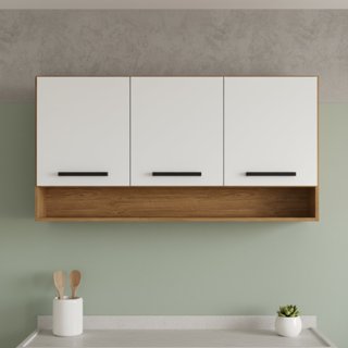 Armário Aéreo de Cozinha 3 Portas e Nicho Giovanna Freijó/Branco em Oferta na Shopee