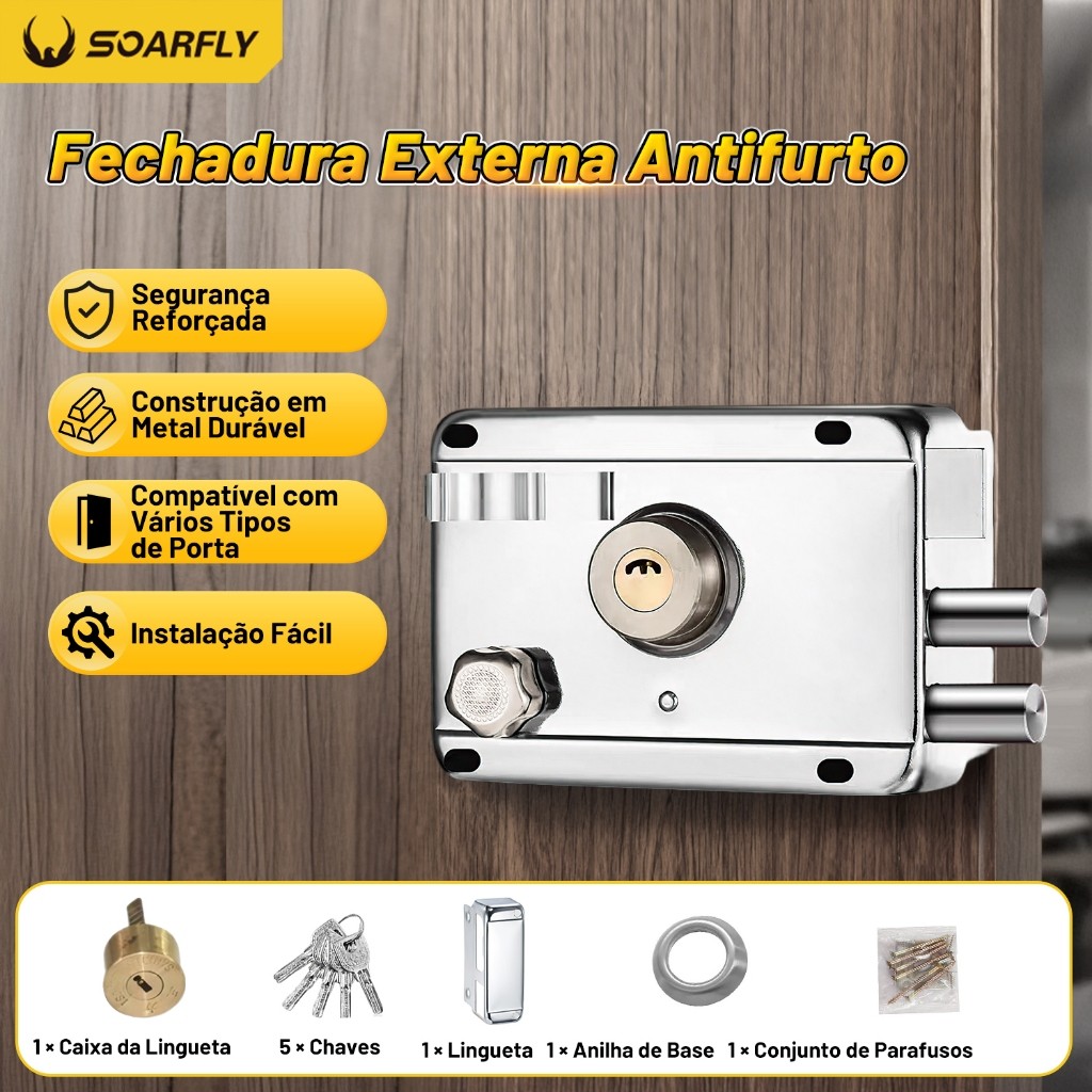 Fechadura Sobrepor Cromada Fechadura Externa Antifurto Trava Dupla, 5 Chaves Inclusas Ideal para Porta de Ferro