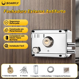 Fechadura Sobrepor Cromada Fechadura Externa Antifurto Trava Dupla, 5 Chaves Inclusas Ideal para Porta de Ferro em Oferta na Shopee