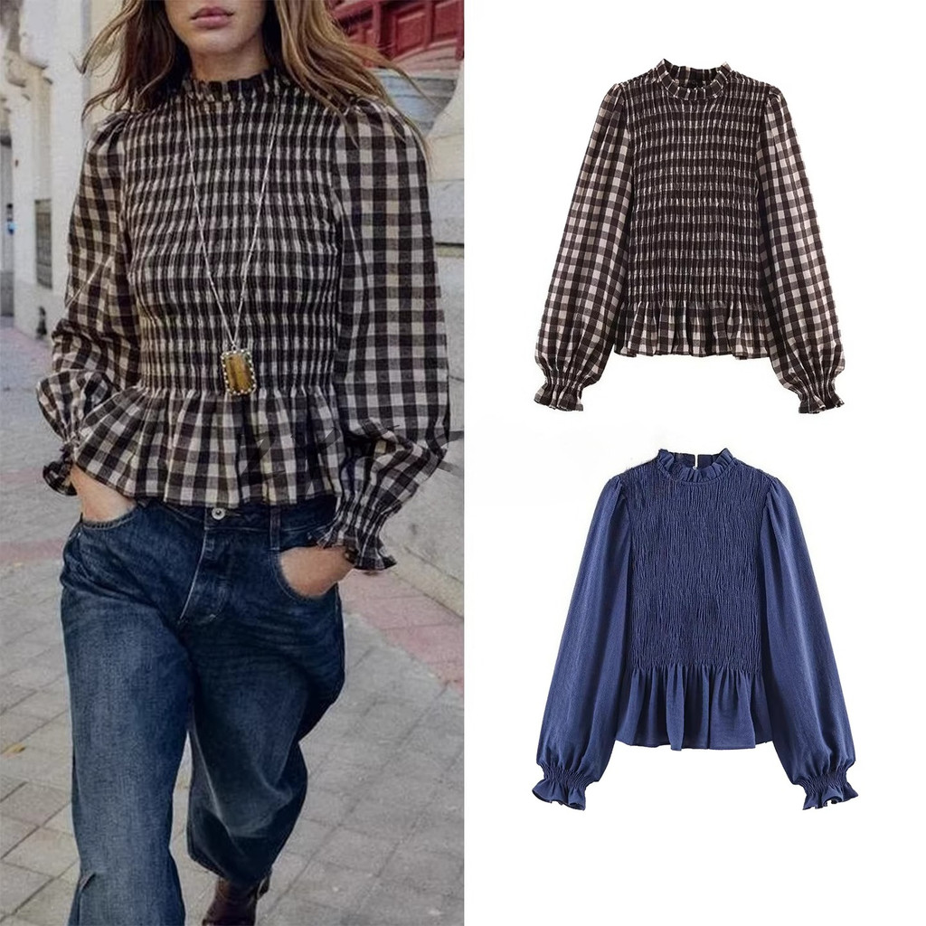 Nova Camisa Feminina Xadrez em Favo de Mel