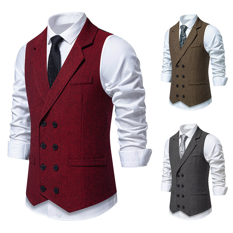 Colete Masculino Espinha De Peixe Tweed Duplo Breasted Terno Entalhe Lapela Formal Para Casamento Negócios Vintage Wear
