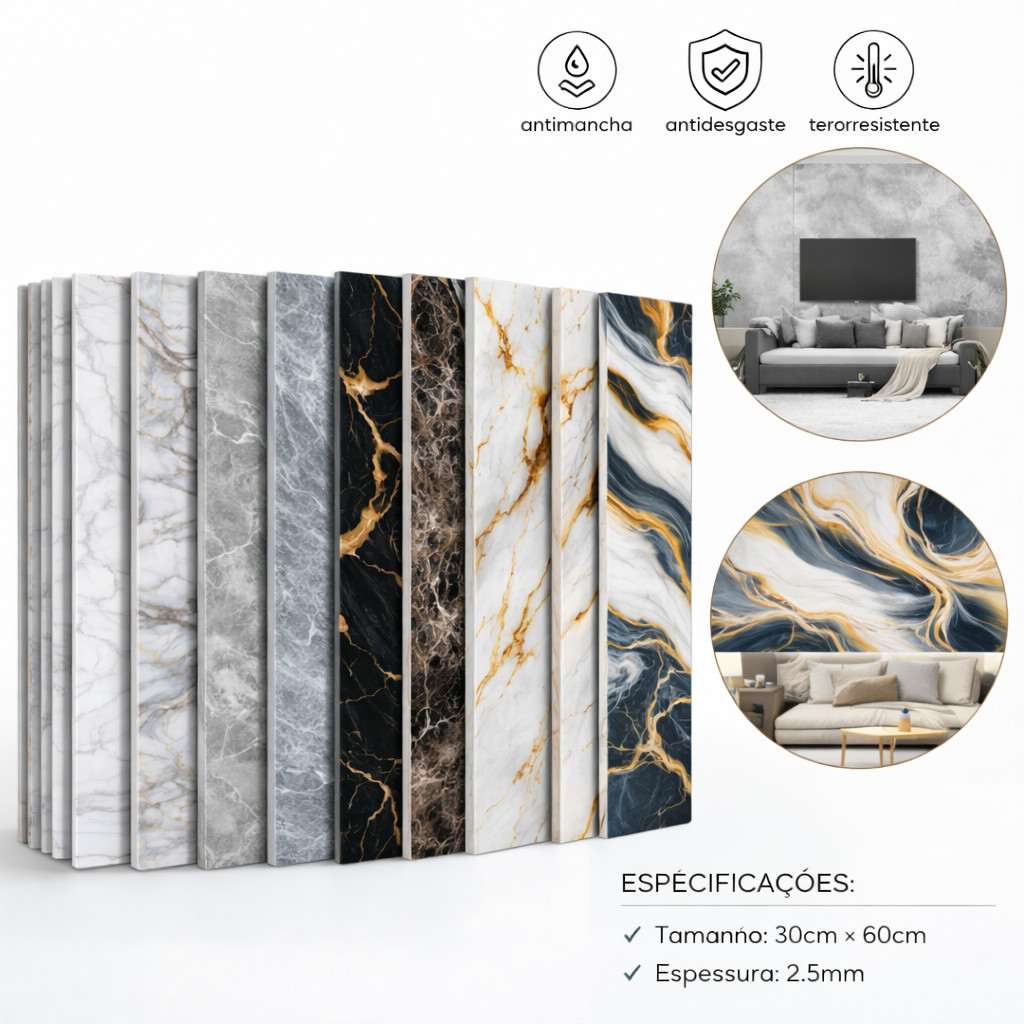 Kit 5/10/20 Placas Adesivas 3D Mármore De Parede Relevo Waterproof 30cm X 60cm Decoração