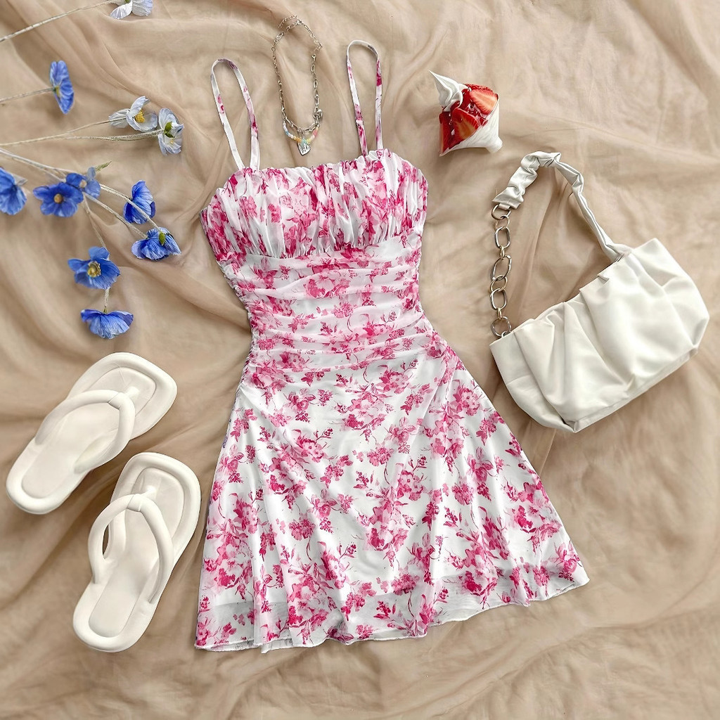 2026 Vestido Deslizante Sexy Floral Francês De Cintura Fina Para Férias