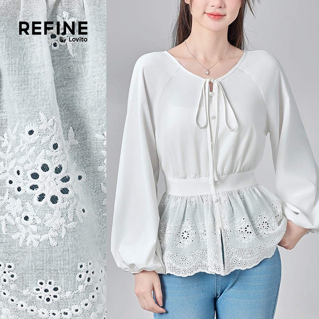 (Refine by Lovito) Blusa Casual Amarração Laço Textura Outono/inverno Blusa Branca para Mulheres. LR29A062