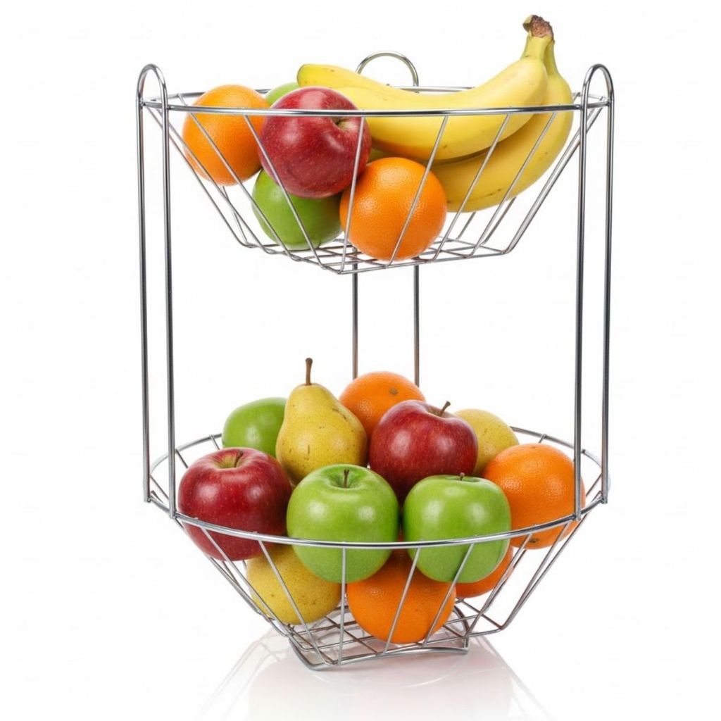 Fruteira de Mesa Dupla 2 Andares Vertical Aramada em Aço Cromado Organizador de Frutas e Legumes