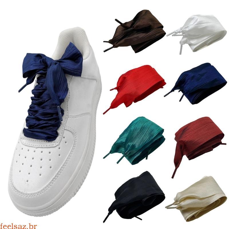 feelsaz Cadarços Cetim Macio Bordas Reforçadas Largas Plissadas Cordas Sapato Enrugadas Para Calçados Femi