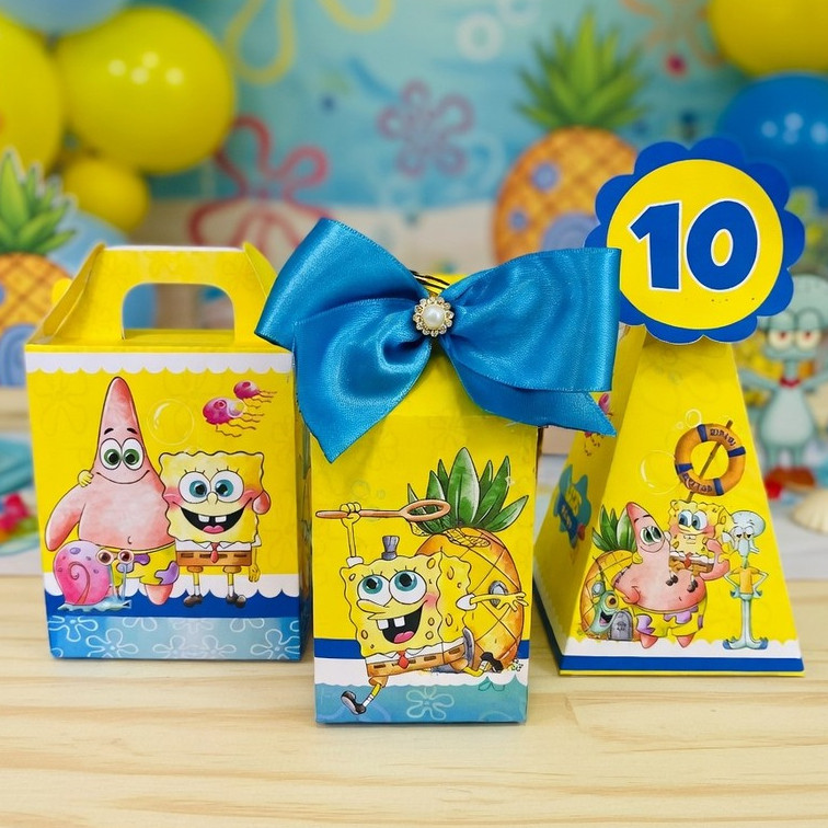 Kit Caixinhas Personalizadas Bob Esponja - Lembrancinhas Festa Infantil (Milk + Presente + Pirâmide) Pegue e Monte