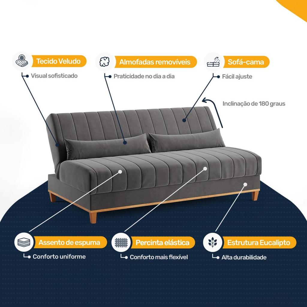 Sofá Cama Reclinável 3 Lugares Espuma Fibra Siliconada Campeche Linho 180cm — imagem 2 de 2