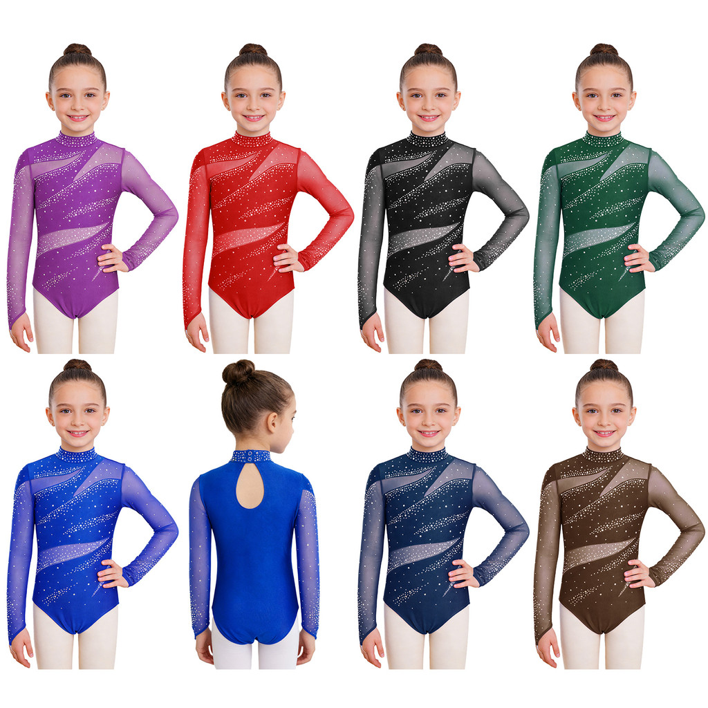 Yeahdor Crianças Meninas Patinação Artística Dança Collant Mock Pescoço Manga Longa Recorte Volta Malha Retalhos Brilhan