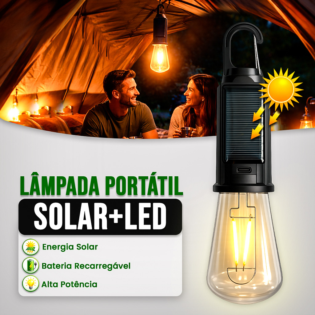 Lâmpada Solar LED Portátil Recarregável USB-C 3 Modos Luz Branco Quente Resistente Água