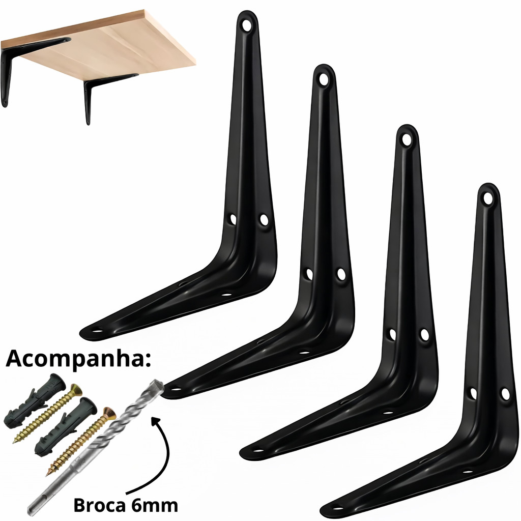Kit 2 / 20 Suportes Mão Francesa Preta 20 X 25cm Prateleira Tábua Cantoneira Reforçada Preta BBP