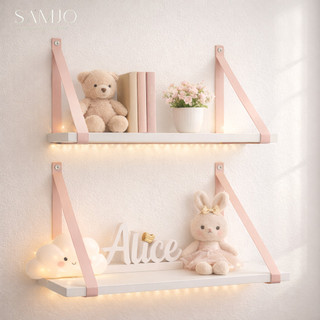 Kit Prateleira 45 x 15 – Kit com 2 Unidades, Alça em Couro Ecológico Rosa, Decoração, Quarto Bebê