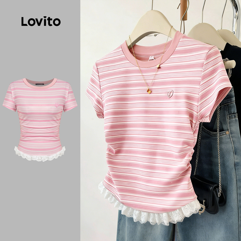 Lovito Camiseta Casual com Padrão de Renda e Bloco de Cores Na Primavera/verão Rosa Camiseta Feminina Bordado L189ED055