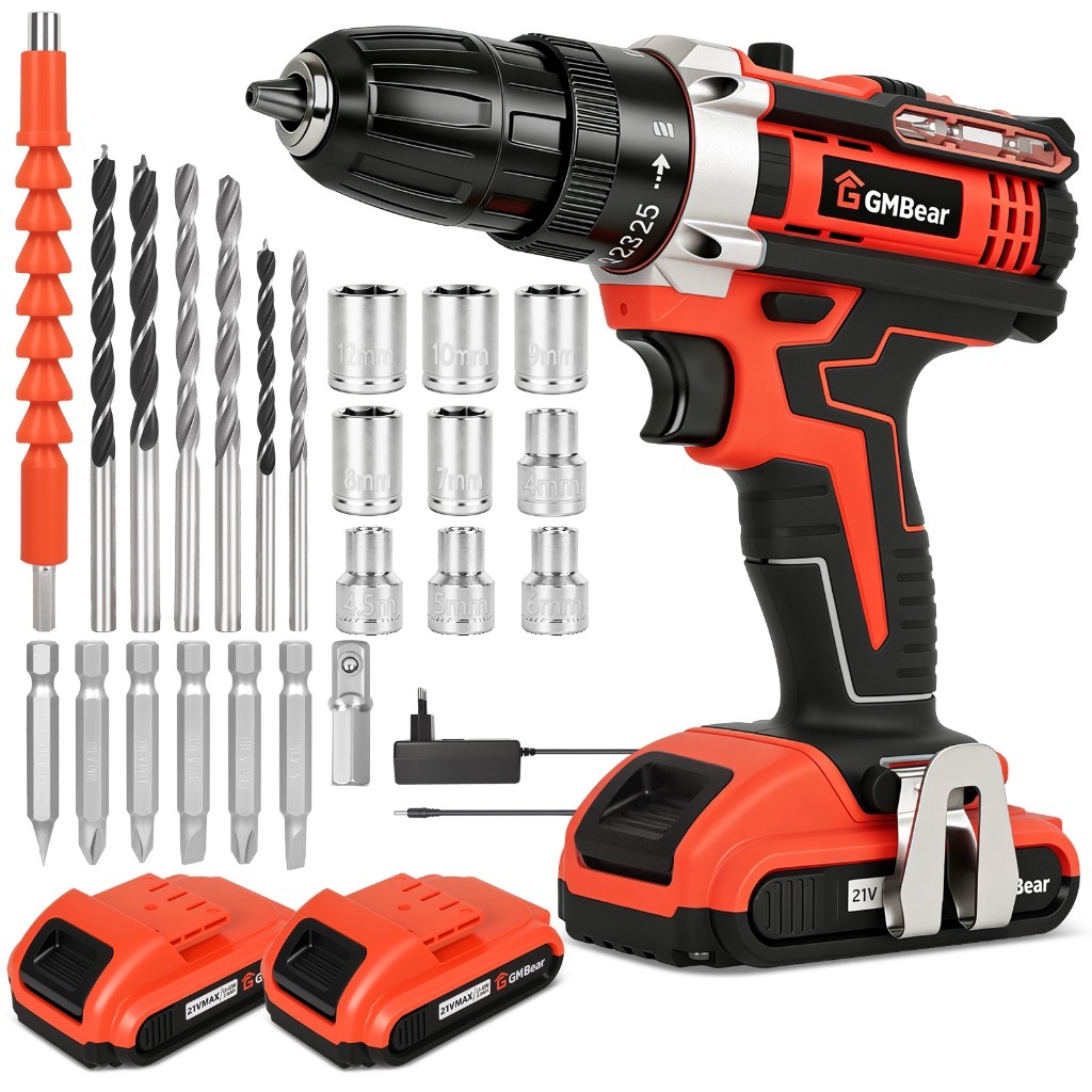 Parafusadeira Furadeira de Elétrica Sem Fio Impacto 21V 2 Bateria Kit Completo Acessórios 28pcs