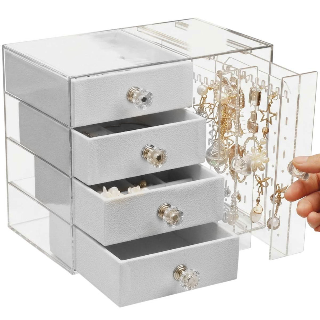 Porta Joia Acrilico Expositor Bijuteria Organizador 4 Gaveta Anel Brinco Pulseira Colar Caixa Transparente Cristal Mesa