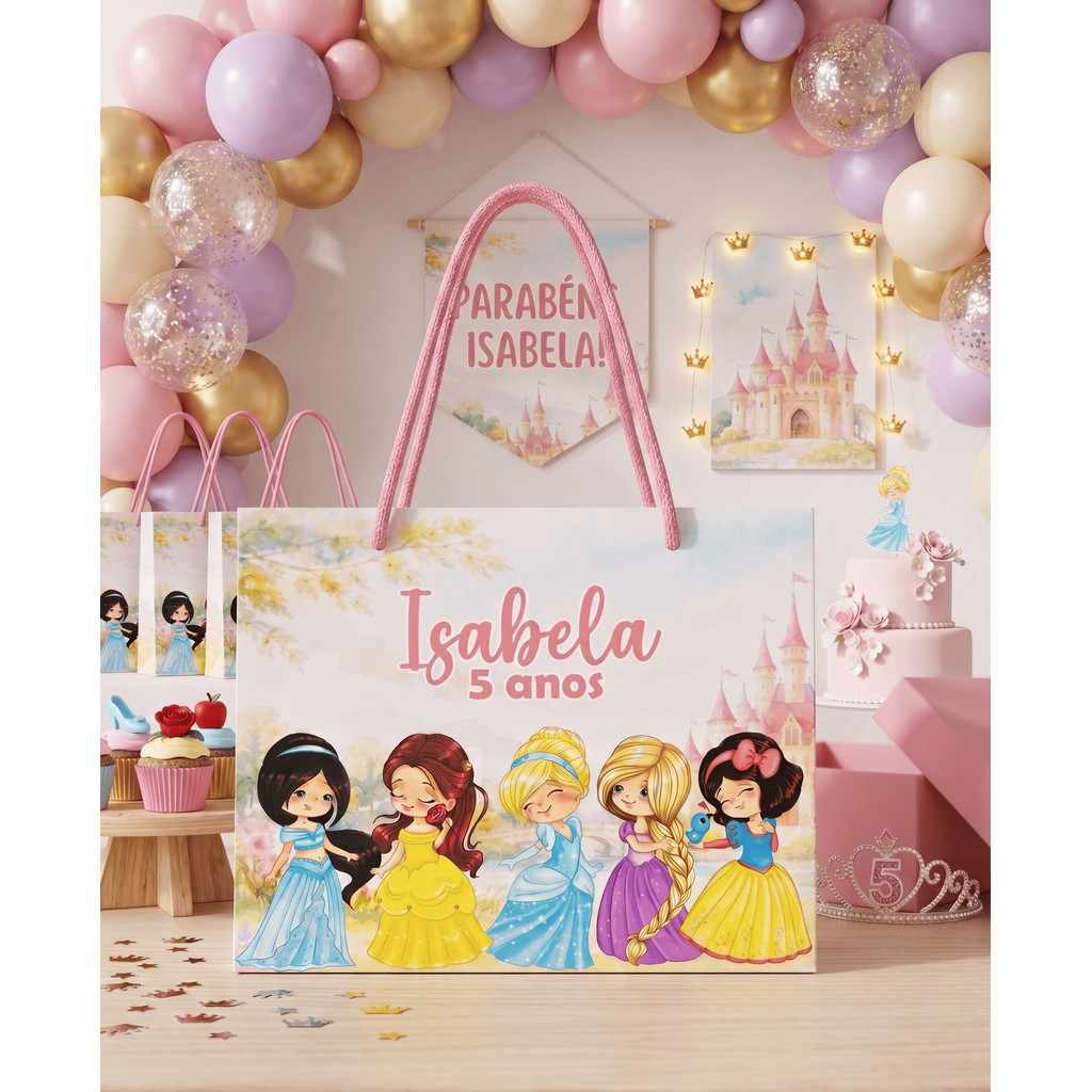 KIT Sacolinha Personalizada Princesas Baby com Nome e Idade .Pegue e Monte (20x16x6 cm)