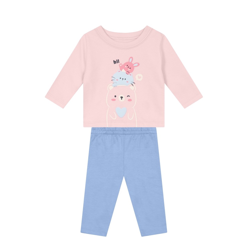 Conjunto Infantil Menina Brandili Inverno com Calça Legging e Moletom Flanelado Rosa Bichinhos