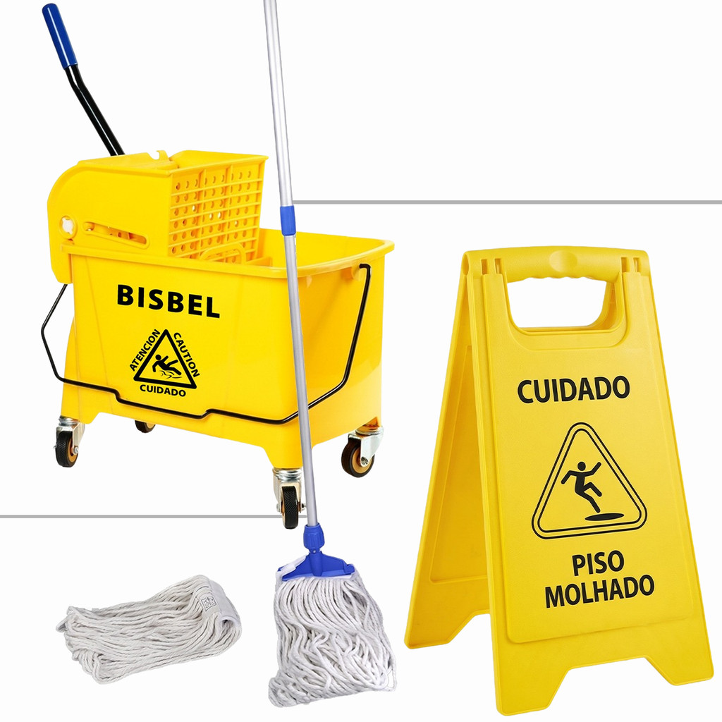 Kit Carrinho Limpeza Profissional Completo + Mop + Balde 20 Litros Com Espremedor + Placa Atenção