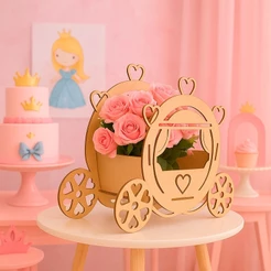 Kit Centro de Mesa Cachepô Carruagem da Princesa Aniversários e Festas MDF Cru