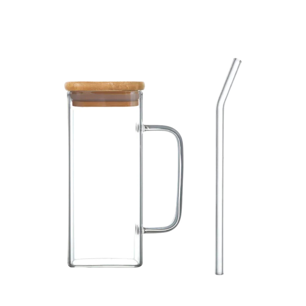 CANECA DE VIDRO 400ML C/TAMPA DE BAMBU E CANUDO REUTILIZÁVEL WOLFF em Oferta na Shopee