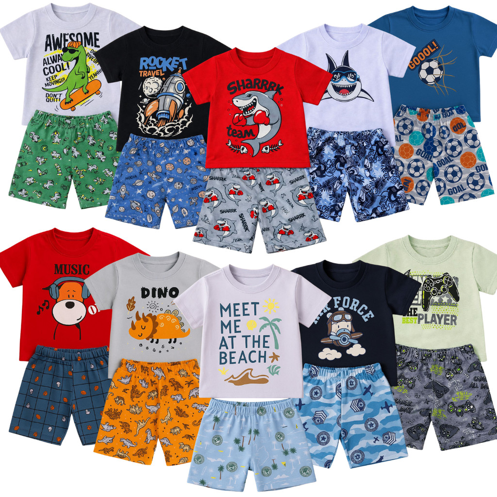 Kit 10 Peças Roupa Infantil Verão masculino - 5 Conjunto Calor Menino Moletinho Criança e Bebe 5 Camiseta 5 Short