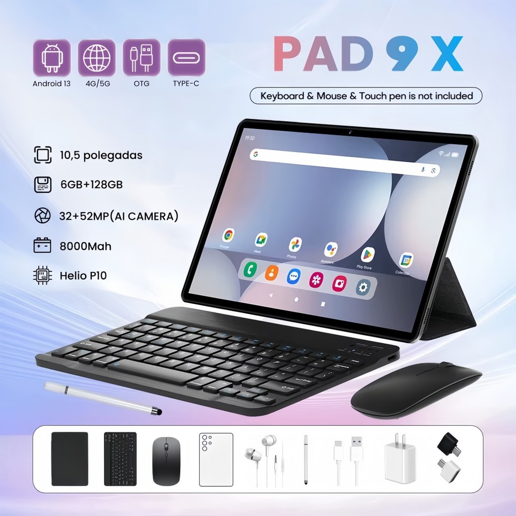 Pad 9X Tablet Android 13 10.5” HD 6GB + 128GB ROM WiFi 5G Dual SIM Card Bateria 8000mAh em Oferta na Shopee
