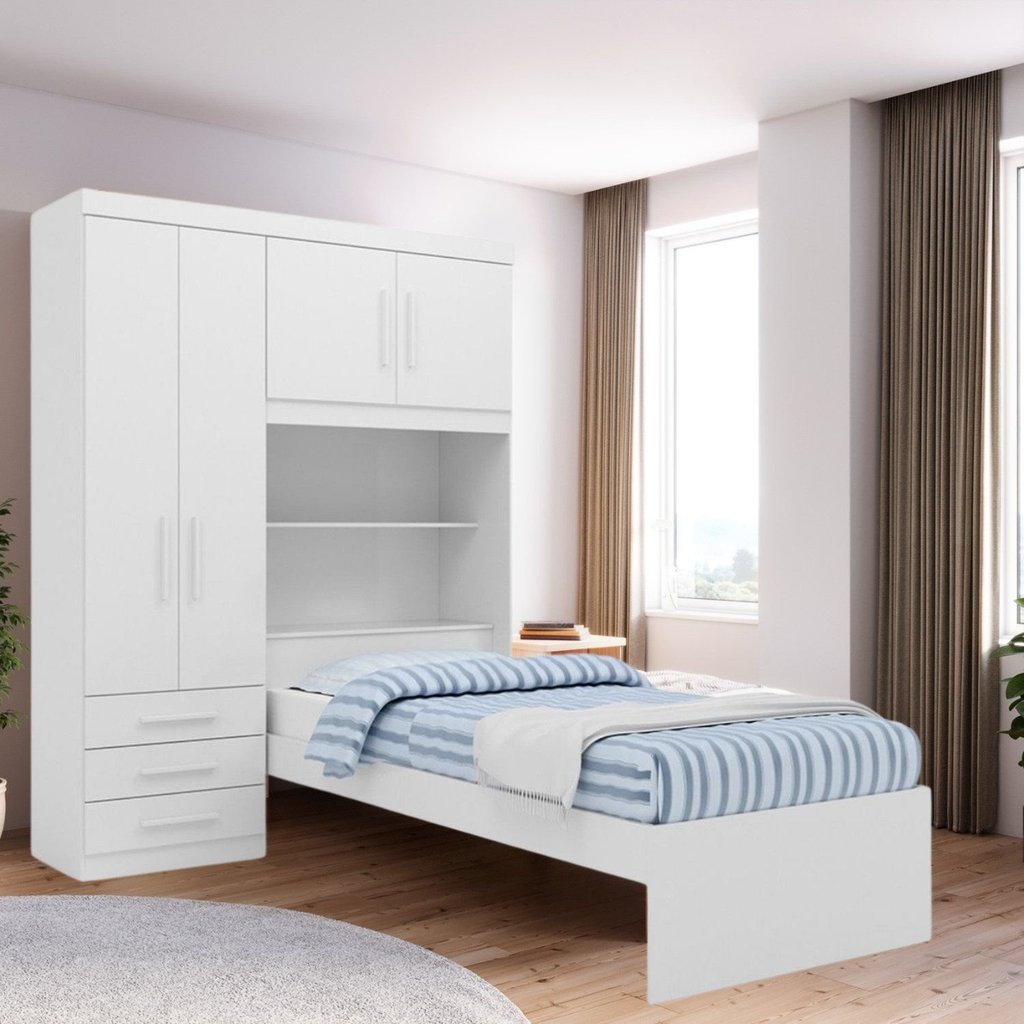 Guarda-roupa Solteiro com Cama Solteiro 4 Portas 3 Gavetas Advantage  Branco em Oferta na Shopee