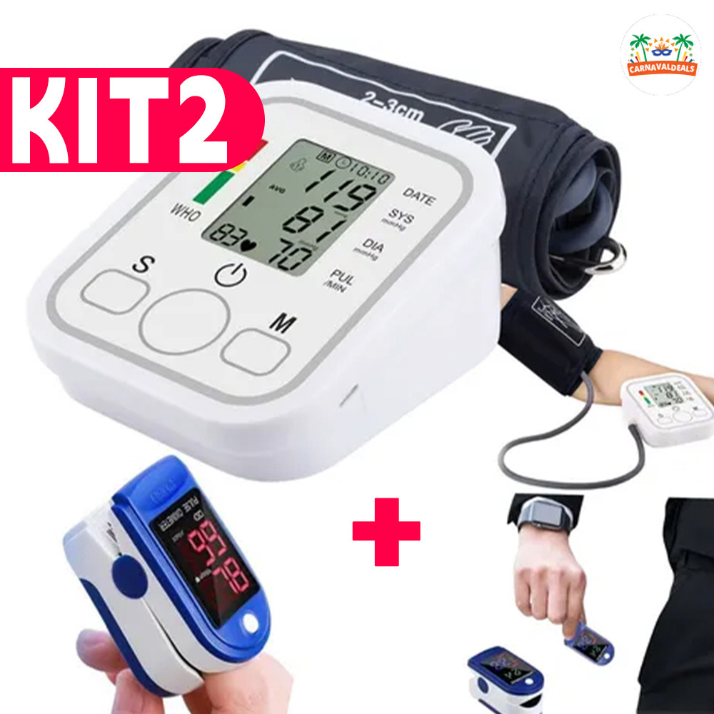 Kit Monitoramento Corporal: Oxímetro de Oxigênio no Sangue + Aparelho de Pressão Digital Automático