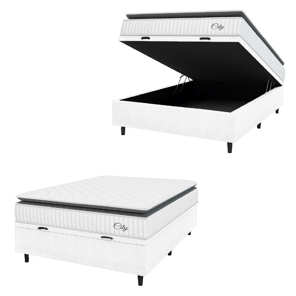 Cama Box Baú Colchão Casal Molas Ensacadas City Pillow Top 138x188x64cm Linho Branco / Preto Hellen