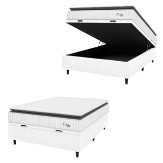 Cama Box Baú Colchão Casal Molas Ensacadas City Pillow Top 138x188x64cm Linho Branco / Preto Hellen em Oferta na Shopee