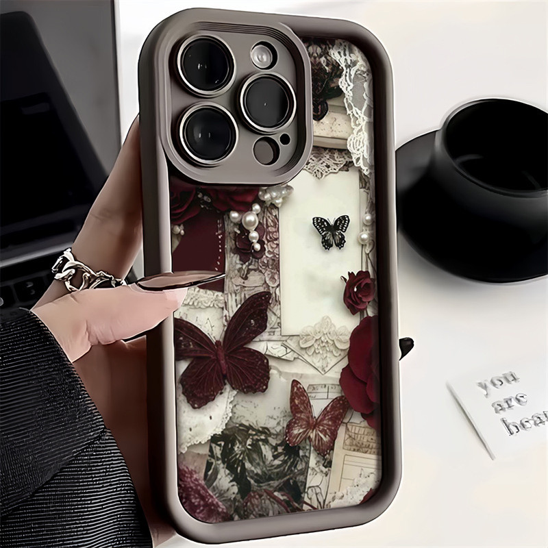 Capa De Telefone Para Samsung S25 S24 S23 S22 S21 Plus Ultra S23 S24 FE Vinho Vermelho Borboleta Pérola Padrão Silicone