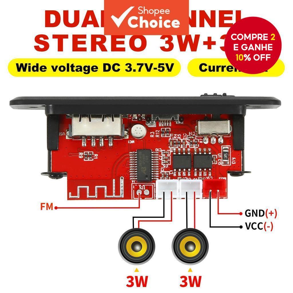Placa Decodificadora MP3 de 6W com Amplificador Novo, Módulo de Música sem Perdas Bluetooth 5.0, Rádio FM para Carro,
