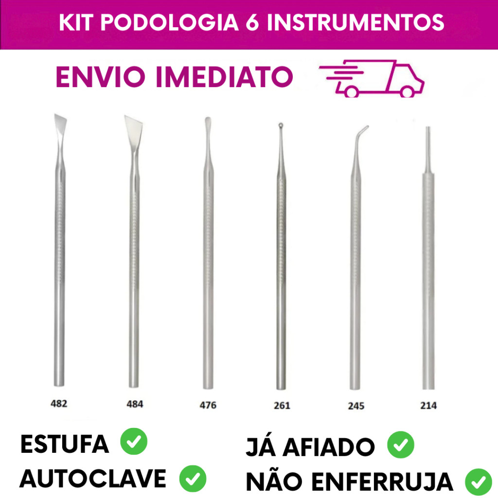 Kit Podologia Profissional Slim C/ 6 Instrumentos Podólogo Manicure Aço Inox