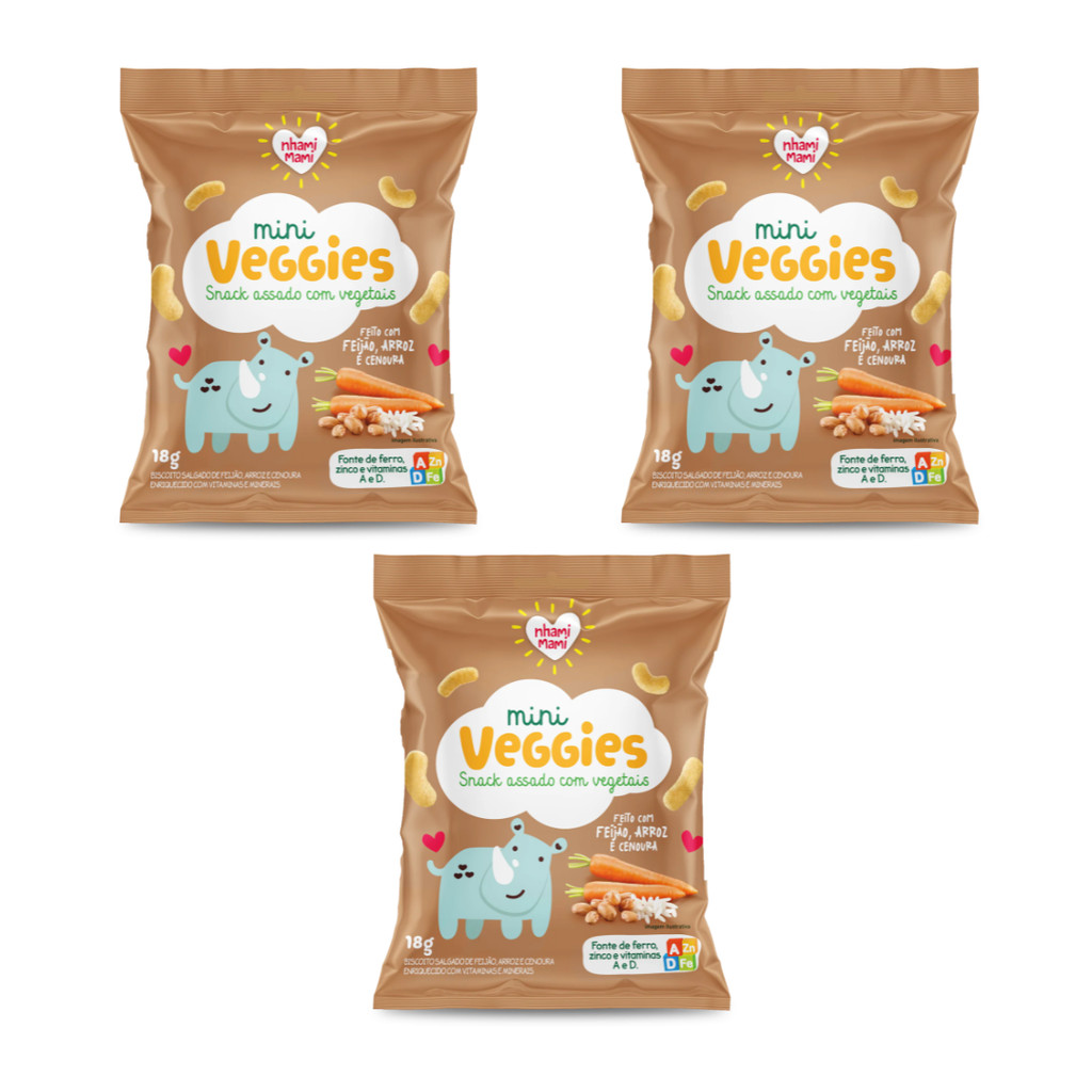 Kit 3 Biscoito Mini Veggie Feijão Cenoura S/ Glúten Nhami Mami 54g