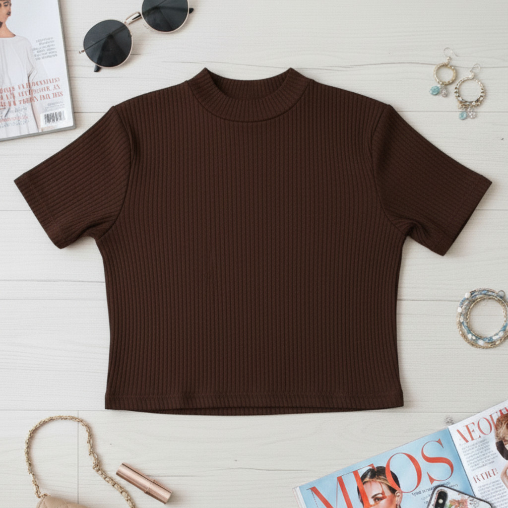 Blusa Cropped Feminina Canelada Manga Curta Kit Social Slim Gola Media Confortável Liso Baby Look Tendência Moda Gringa