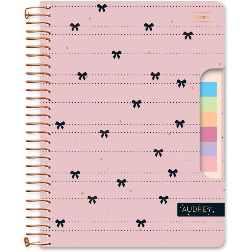 Caderno Colegial Espiralado com Blocos Adesivos | Capa Dura | 80 Folhas | Audrey Laço Rosa